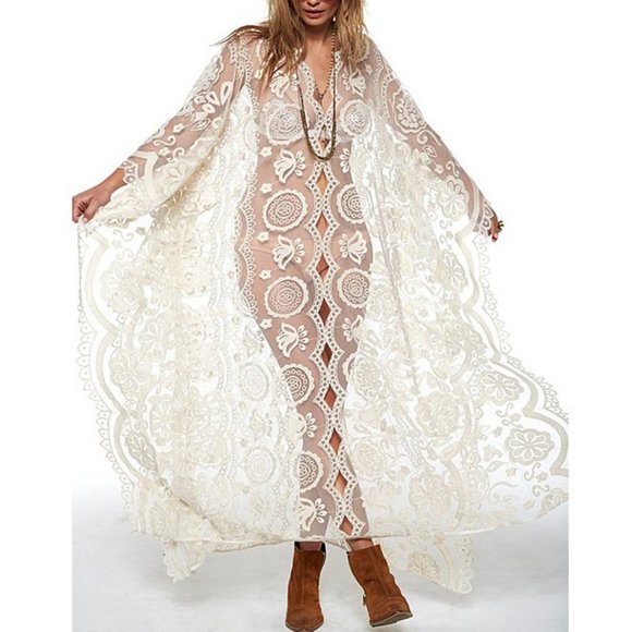 Boho Lace Cover Up Caftan Maxi OSFM - Picture 4 of 14